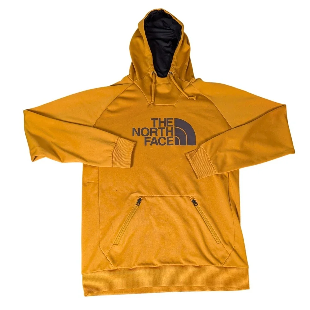 The North Face Mens Tech Pullover Hoodie Mustard Yellow Zippered Pocket Logo M